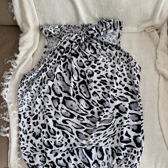 Cache Y2K Xsmall Leopard Print Cross Front Sleeveless Snap Bodysuit Top Office S - Picture 5 of 5